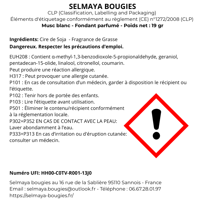 Fiche CLP Musc Blanc 19gr - informations sécurité conformes réglementation