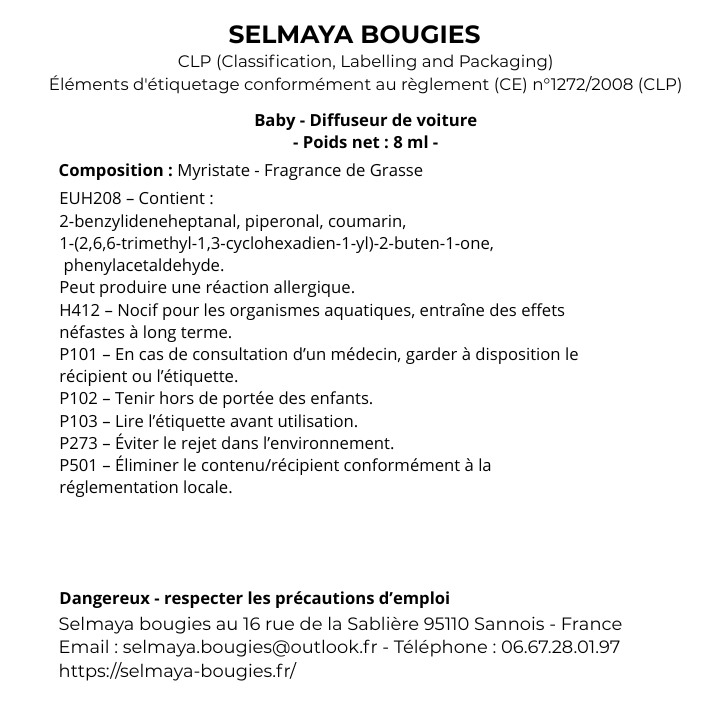 Baby - Diffuseur de parfum voiture longue durée | Selmaya bougies
